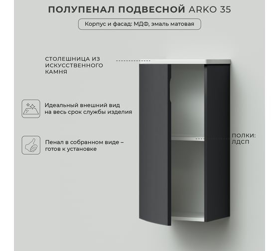 Полупенал с радиусными фасадами ИТАНА Arko 35 350x300x775 Эмаль Графит матовый 4657825875250