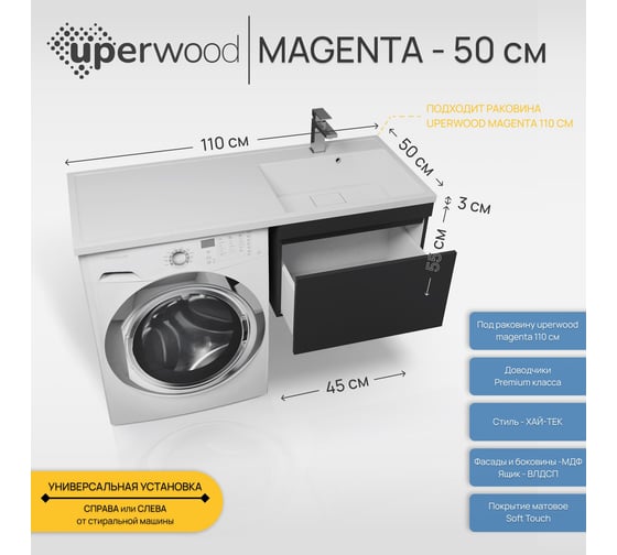 Тумба под стиральную машину подвесная uperwood Magenta 45x50x55 см, черная, выдвижной ящик 5930205164