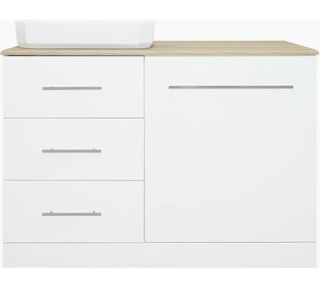 Тумба Misty Респект -110 с 3 ящиками, под стиральную машину, левая, белая ПВХ/Дуб Э-Рес01110-13ЯЛ