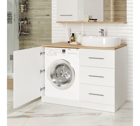 Тумба под стиральную машину Misty Респект -120 с 3 ящиками, правая, белая ПВХ/Дуб Э-Рес01120-13ЯП