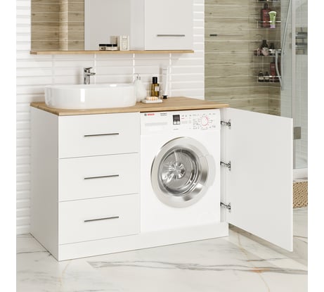 Тумба Misty Респект -120 под стиральную машину, с 3 ящиками, левая, белая ПВХ/Дуб Э-Рес01120-13ЯЛ