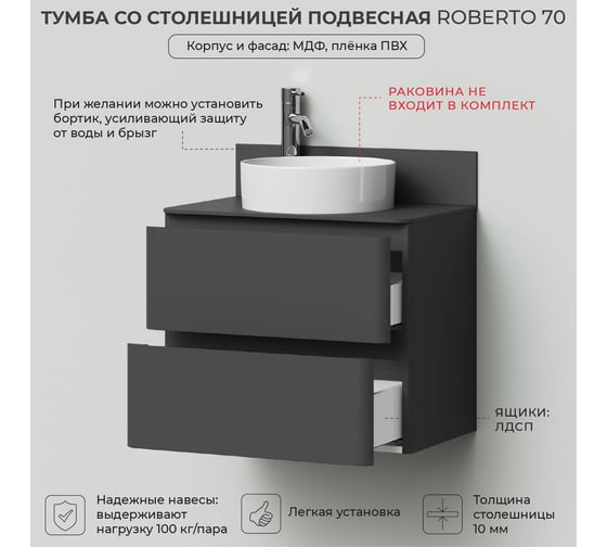 Тумба со столешницей подвесная ИТАНА Roberto 70 700х455х586мм, графит 4657810336193