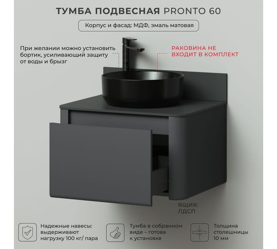 Тумба со столешницей ИТАНА Pronto 606х474х360мм, графит эмаль 4657810339910