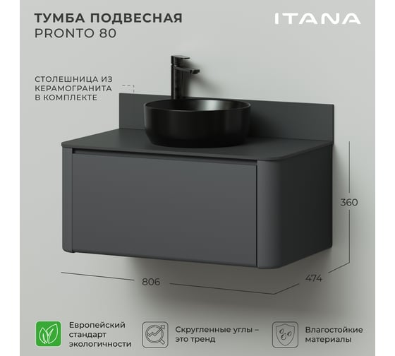 Тумба со столешницей ИТАНА Pronto 806х474х360мм, графит эмаль 4657810339903