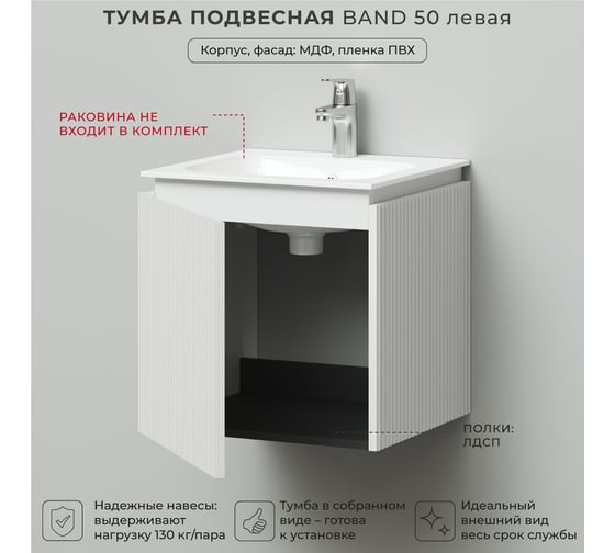 Тумба под раковину подвесная ИТАНА BAND 50 левая, 500x471x500 мм, белый матовый 4657828217279