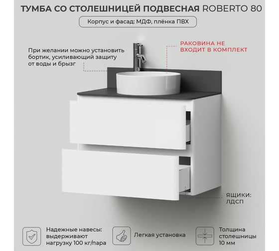 Тумба со столешницей подвесная ИТАНА Roberto 80 798х462х586мм, белый глянец 4657810336216