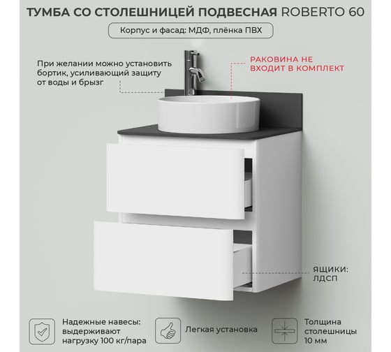 Тумба со столешницей подвесная ИТАНА Roberto 60 602х458х586мм, белый глянец 4657810336131