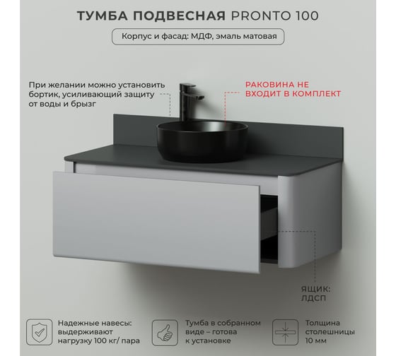 Тумба со столешницей ИТАНА Pronto 1006х474х360мм, серая эмаль 4657821040256