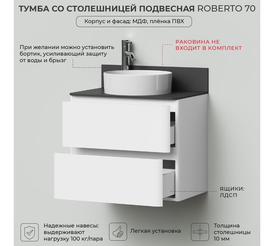 Тумба со столешницей подвесная ИТАНА Roberto 70 700х455х586мм, белый глянец 4657810336179