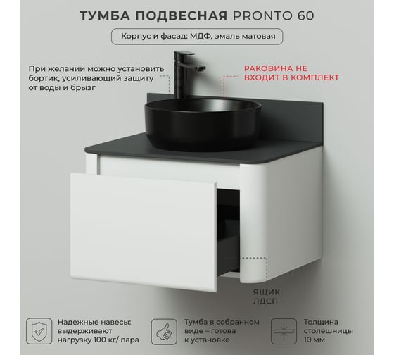 Тумба со столешницей ИТАНА Pronto 606х474х360мм, белая матовая эмаль 4657810339927