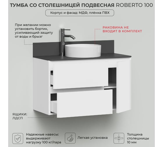 Тумба со столешницей подвесная ИТАНА Roberto 100 1005х458х586мм, белый глянец 4657810336117
