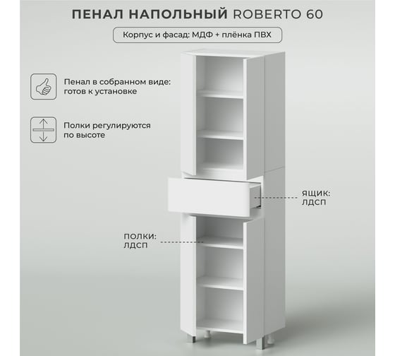 Напольный пенал ИТАНА Roberto 60 600x350x1900 Белый глянец 4657828216609