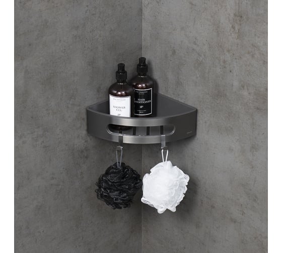 Полка для душа угловая LEMARK SHELF LINE из нержавеющей стали, с крючками, графит, вставка-пластик графит 9776048