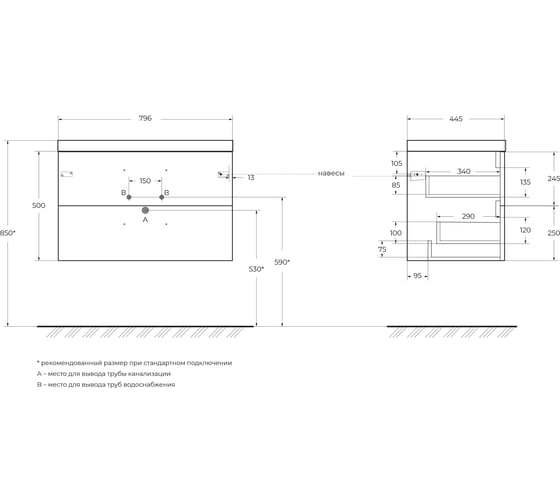 База под раковину BelBagno AURORA подвесная, с двумя выкатными ящиками, Bianco Lucido, 800x450x500, AURORA-800-2C-SO-BL
