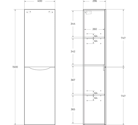 Подвесной шкаф BelBagno FLY-MARINO с двумя распашными дверцами с доводчиками, с двумя полками, правостороний, Bianco Lucido, 400x300x1500, FLY-MARINO-1500-2A-SC-BL-P-R