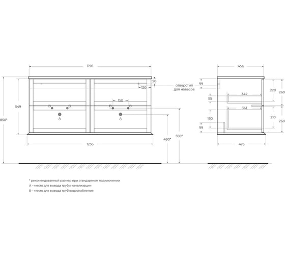 Тумба под раковину Cezares TIFFANY с 4-мя выдвижными ящиками Verde opaco, 120x46x55 см 55332