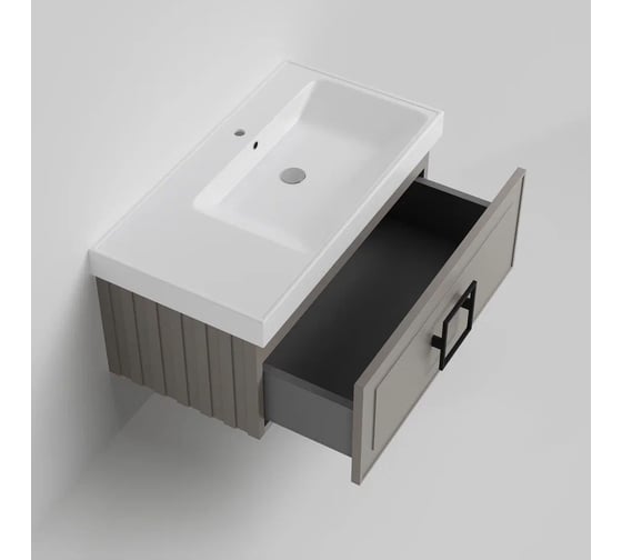 Тумба под раковину LA FENICE без раковины CUBO Cappuccino бежевая матовая 90 см, черная ручка 503585