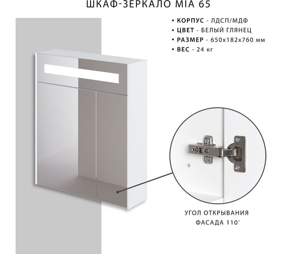 Зеркальный шкаф ИТАНА Mia 65 650х182х760 32489