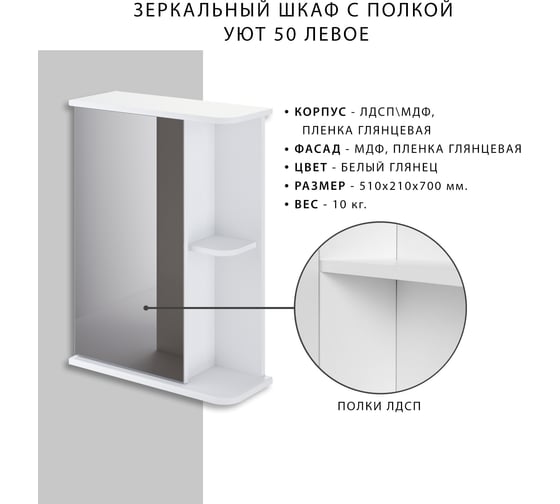 Шкаф зеркало ИТАНА Nrava Aqua Уют 50 510х200х700 левый с полкой 38582