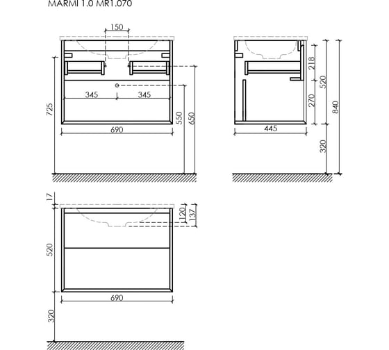 Подвесная тумба Sancos Marmi 1.0 690x445x520 c одним ящиком оснащенным доводчиками скрытого монтажа и открытой нишей, дуб галифакс натуральный, арт. MR1.070EG