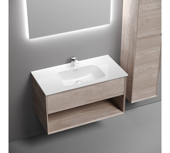 Подвесная тумба Sancos Marmi 1.0 890x445x520 c одним ящиком оснащенным доводчиками скрытого монтажа и открытой нишей, дуб галифакс натуральный, арт. MR1.090EG