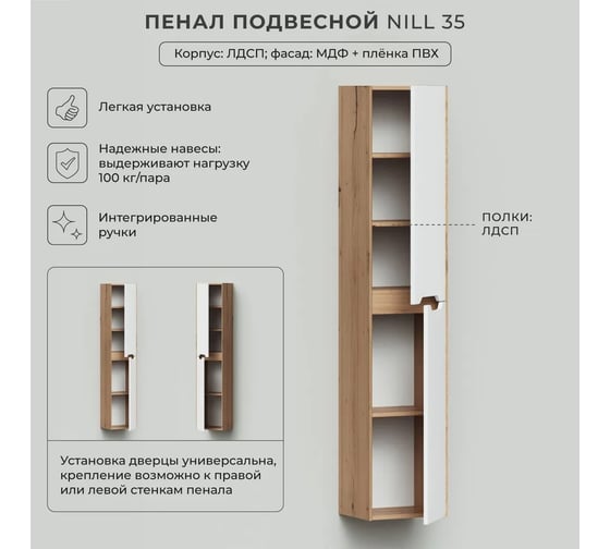 Шкаф пенал для ванной подвесной ИТАНА Nill 35, 350x300x1750, белый глянец 4657836461190