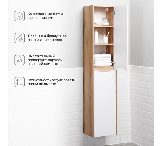 Шкаф пенал для ванной подвесной ИТАНА Nill 35, 350x300x1750, белый глянец 4657836461190