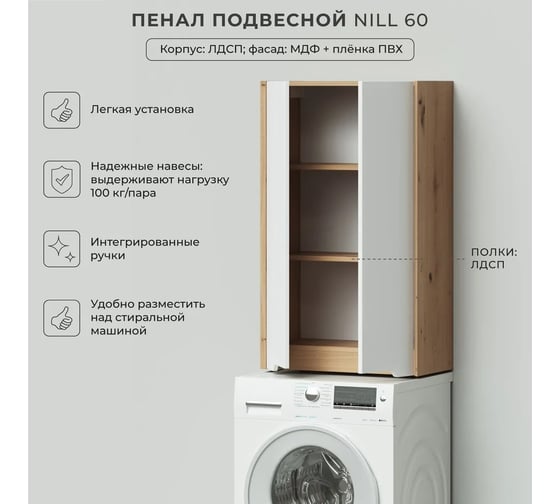 Шкаф пенал для ванной подвесной ИТАНА Nill 60, 600x300x1000, белый глянец 4657836461213