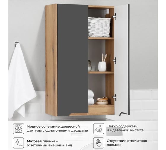 Шкаф пенал для ванной подвесной ИТАНА Nill 60, 600x300x1000, графит 4657836461220