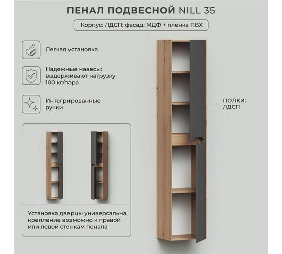 Шкаф пенал для ванной подвесной ИТАНА Nill 35, 350x300x1750, графит 4657836461206