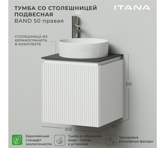 Тумба со столешницей подвесная правая ИТАНА BAND 50 502x471x510 Белый матовый Soft touch 4657836461176