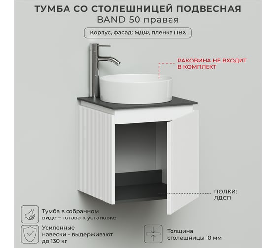Тумба со столешницей подвесная правая ИТАНА BAND 50 502x471x510 Белый матовый Soft touch 4657836461176