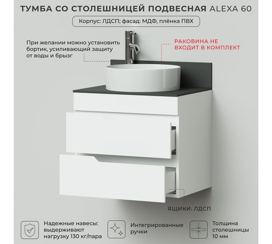 Тумба со столешницей подвесная ИТАНА Alexa 60 604х453х530 Белый глянец 4657810334632