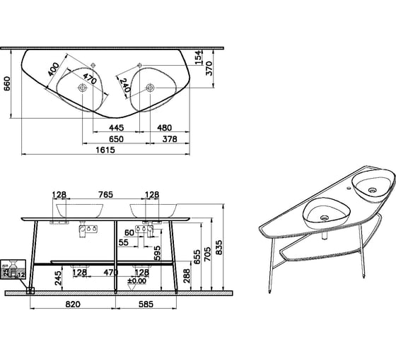 Столешница VitrA PlurAl 160 см, двойная, темный дуб 64043