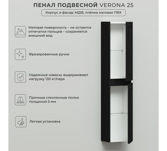 Пенал подвесной ИТАНА Verona 25 250x200x1200 Черный софт 4657836466324