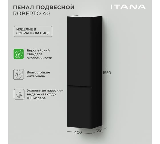 Шкаф пенал для ванной ИТАНА Roberto 40 400x350x1550 правый Черный софт навесной 4657836466638