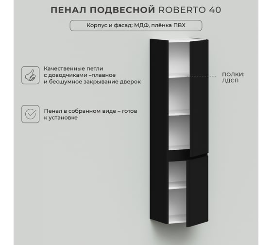 Шкаф пенал для ванной ИТАНА Roberto 40 400x350x1550 правый Черный софт навесной 4657836466638