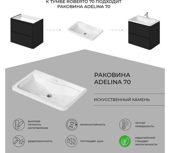 Тумба под раковину в ванную ИТАНА Roberto 70 693x448x576 подвесная Черный софт 4657836466416
