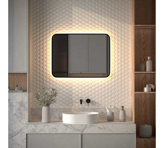 Зеркало с окантовкой и LED-подсветкой DEFESTO 25W, 80x60 см, ИК - выключатель, Теплый белый свет AURA DF 2977RH 1