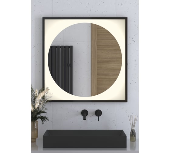 Зеркало DEFESTO в багетной раме с LED-подсветкой 80x80 см Без выключателя, Теплый белый свет, Черная рама ECLIPSE DF 2233 1