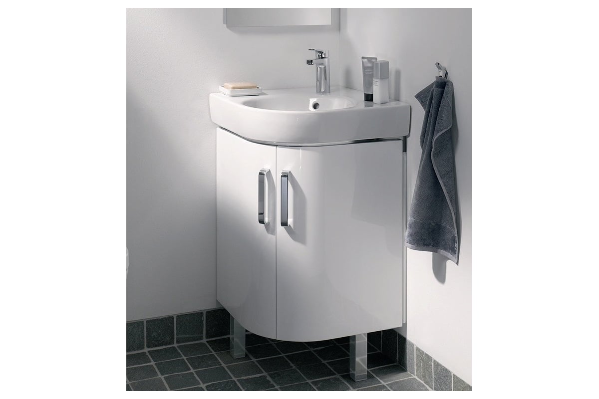 Шкафчик под раковину Geberit угловой, 690х604 мм., фасад белый глянец ...