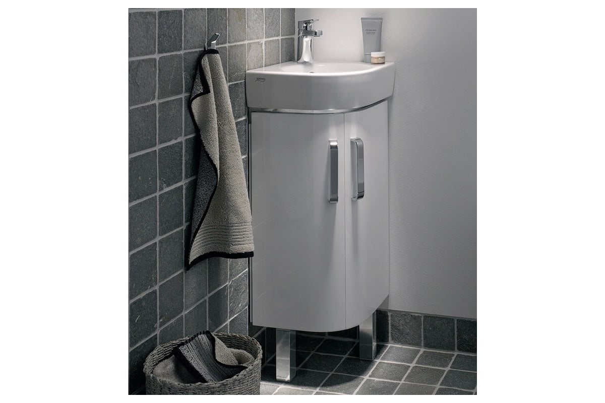 Шкафчик под раковину Geberit угловой, 690х604 мм., фасад белый глянец ...