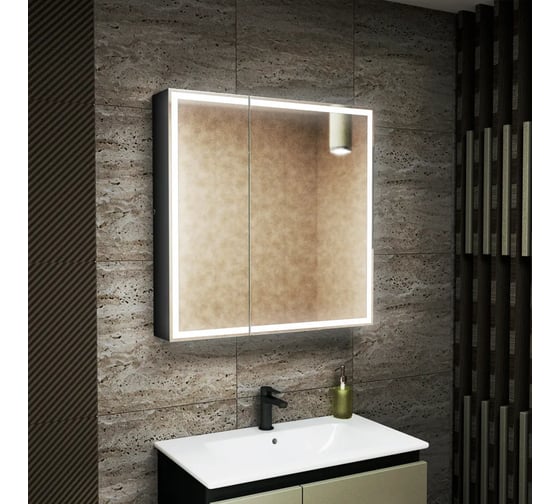 Зеркало-шкаф Bauedge Bau Elite 80х80 Black Edition Soft touch, LED, сенсор, розетка, черный оборачиваемый BR8080