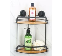 Угловая полка PRIMANOVA двухъярусная, вакуумное крепление, металл+бамбук D-80006