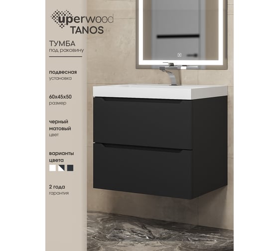 Подвесная тумба под раковину uperwood Tanos 60 см, черная 291020230