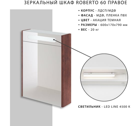 Зеркальный шкаф ИТАНА Roberto 60 600x170x790 MCA 0525757 Акация темная 4656755751962