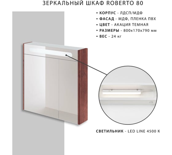 Зеркальный шкаф ИТАНА Roberto 80 800x170x790 MCA 0525757 Акация темная 4656755751535