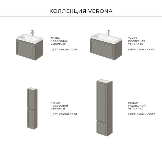 Подвесной пенал ИТАНА Verona 25 250x200x1200 HM-553-1S Смоки софт, серый 4657773601451