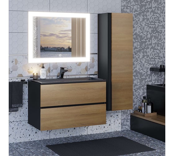 Подвесная тумба под раковину для ванной uperwood Barsa_80 см, черная/дуб сонома 293020539