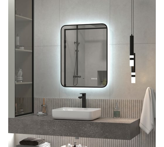 Зеркало Reflection Black view с фоновой подсветкой, бесконтактным сенсором, диммером, часами, черной окантовкой, 600x700 RF4002BV